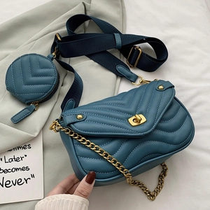 Chevron Quilted PU Leather Crossbody Bag With Round Coin Purse Wide Adjustable Strap Gold Chain Turn Lock Fashion Handbag Women