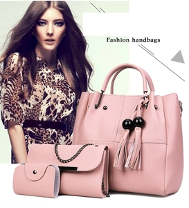 Dreiteiliges rosa Handtaschen-Set mit Shopper, Umhängetasche und Geldbörse aus Leder