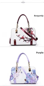 Detail display of flower print PU handbags in wine red and purple floral patterns