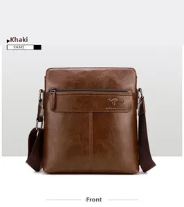 Front view detail of brown leather messenger bag with embossed logo and zipper pocket