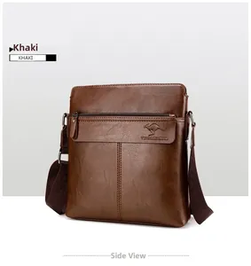 Side view of vertical men's business crossbody bag in khaki with pebbled leather texture