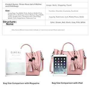 Größentabelle für 3-teiliges Handtaschen-Set mit Maßen für große, mittlere und kleine Taschen