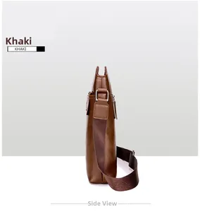 Slim khaki PU leather messenger bag side view with adjustable shoulder strap
