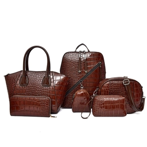 Brown crocodile pattern faux leather bag set including tote backpack and crossbody styles