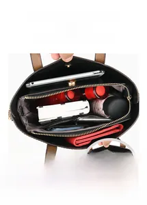 Internal structure of large capacity black tote bag with multiple storage compartments