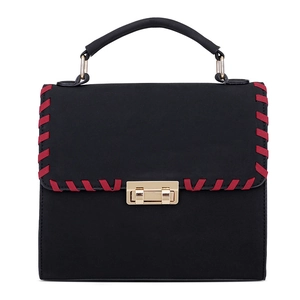 Sac à main rétro noir mat pour femme avec bords tressés rouges et fermoir doré