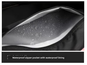 Close-up of waterproof dry-wet separation pocket with water droplets on high-tech lining