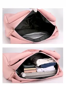 Pink fitness bag detail showing large capacity main compartment and wet-dry separation pocket