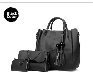 Schwarzes 3-teiliges Handtaschen-Set mit Shopper, Kettentasche und Kartenhalter aus Leder