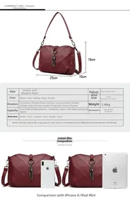 Guide des tailles pour le sac bandoulière bordeaux en cuir avec comparaison de l'iPhone