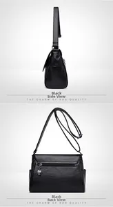 Détails du sac bandoulière en cuir noir montrant la poche latérale et la poche zippée au dos