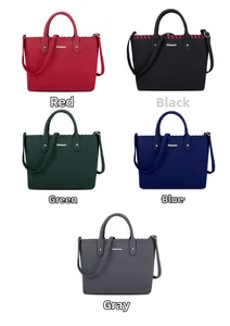 Five assorted colors of leather tote bags with woven stitch edges and top handles