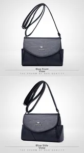 Vues détaillées d'un sac bandoulière en cuir bleu avec texture grainée et logo métal