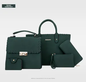 Detailed set of 5 dark green faux suede handbags with stylish braided stitching accents
