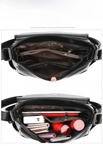 Vue détaillée du sac à bandoulière en cuir multi-fermetures montrant sa grande capacité interne