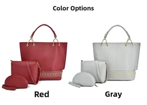 Set di 3 borse da donna rosse e grigie composto da borsa tote con borchie dorate