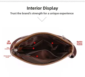 Internal structure of the brown leather shoulder bag showing zipper pocket and phone slots