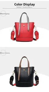 Minimalist bucket bag detail showing red and black color options with woven shoulder straps