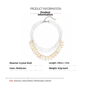 Detail view of handmade shell pendant necklace with layered crystal beads 39cm length