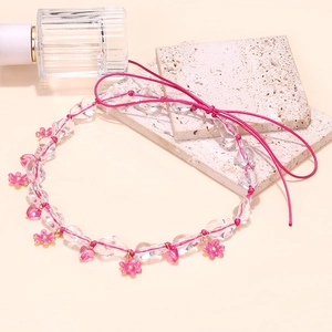 Bohemian heart beaded necklace with pink flower charms and adjustable cord strap