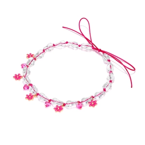 Handmade summer necklace with clear irregular beads and pink heart floral pendants