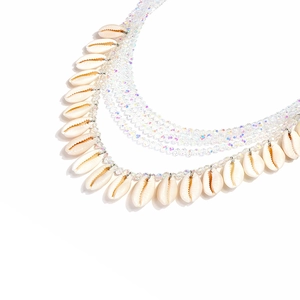 Bohemian multilayer beaded necklace with white cowrie shell charms and crystal beads
