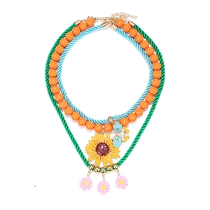 Collana A Strati Bohemien Con Pendenti Girasole Farfalla Lega Smalto Corda Intrecciata Perle Resina Gioielli Donna