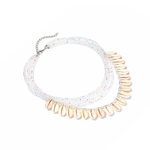 Bohemian multi-layer necklace with iridescent crystal beads and natural shell pendants