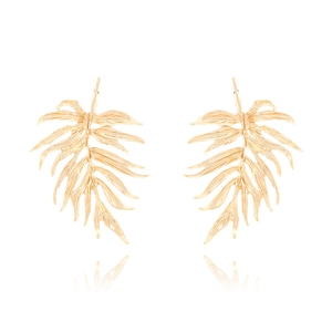 Elegant gold tropical leaf drop earrings with detailed veins on a white background
