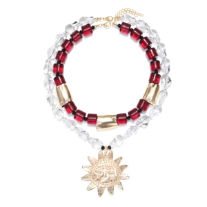 Bohemian Double Layered Necklace With Large Sun Pendant Red And Clear Resin Beads Zinc Alloy Retro Jewelry For Women