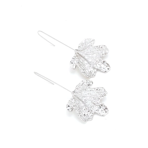 Vintage silver leaf drop earrings with textured metallic finish and hook style