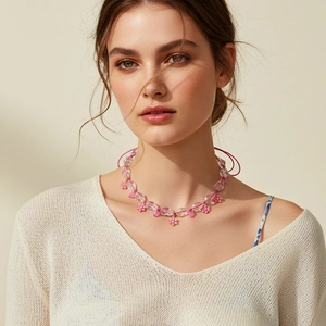 Beaded Necklace With Resin Flower And Heart Pendants Zinc Alloy Sweet Bohemian Pink Clavicle Chain For Women