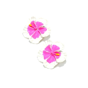 Macro view of frangipani earrings featuring pink gradient enamel petals and yellow centers