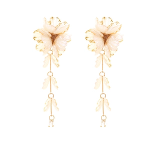 Handmade beaded flower tassel earrings with creamy petals and gold-edged floral design