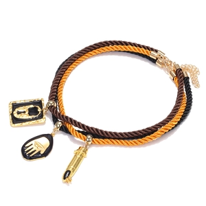 Retro multilayer woven necklace with padlock, eye hand palm, and gold lipstick pendants