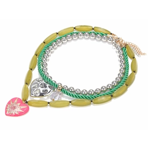 Multi-layer beaded necklace with green beads and pink enamel heart pendant on white background