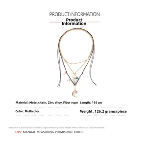 Detailed specifications of sun, moon, and star pendant wrap necklace in mixed materials