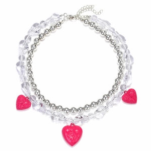 Double-layer necklace with heart pendants, candy beads, and silver ball chain