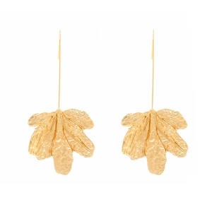 Vintage long gold leaf dangle earrings with textured veins and thin hook for women