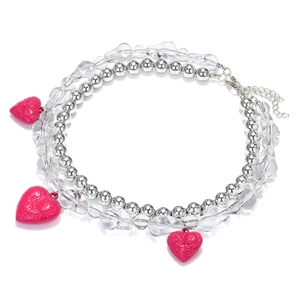 Layered heart pendant necklace with pink rose embossed beads and silver chains