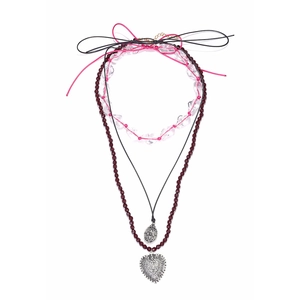 Three-layer layered necklace featuring pink beads and large silver heart pendant charms