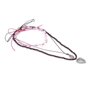 Layered beaded heart pendant necklace set with pink beads and vintage silver charms