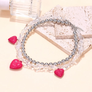 Double-layer handmade beaded heart pendant necklace with pink charms for women