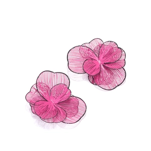 Exaggerated pink metal wire flower earrings with black oil drop edges in 3D floral design