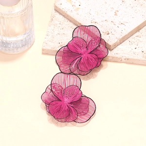 Stereo rose pink 3D floral earrings with layered metal wire hollow petal design