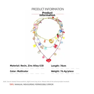Detailed specs of multi-layer colorful necklace with heart and sea star pendants