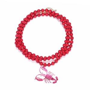 Layered Beaded Necklace With Lobster Pendant Red Resin Beads Zinc Alloy Statement Jewelry For Women