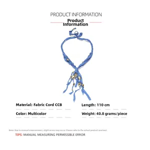 Detailed specs of blue fabric rope necklace with gold beads showing 110cm length and 40.8g weight