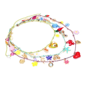 Layered colorful braided cord necklace with heart, fish, and starfish charms for summer