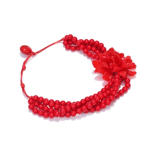 Handmade red beaded necklace with large 3D flower and multi-layered resin beads design